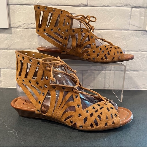 Jessica Simpson sz 7.5 chestnut suede cage sandals wedge - Picture 2 of 14